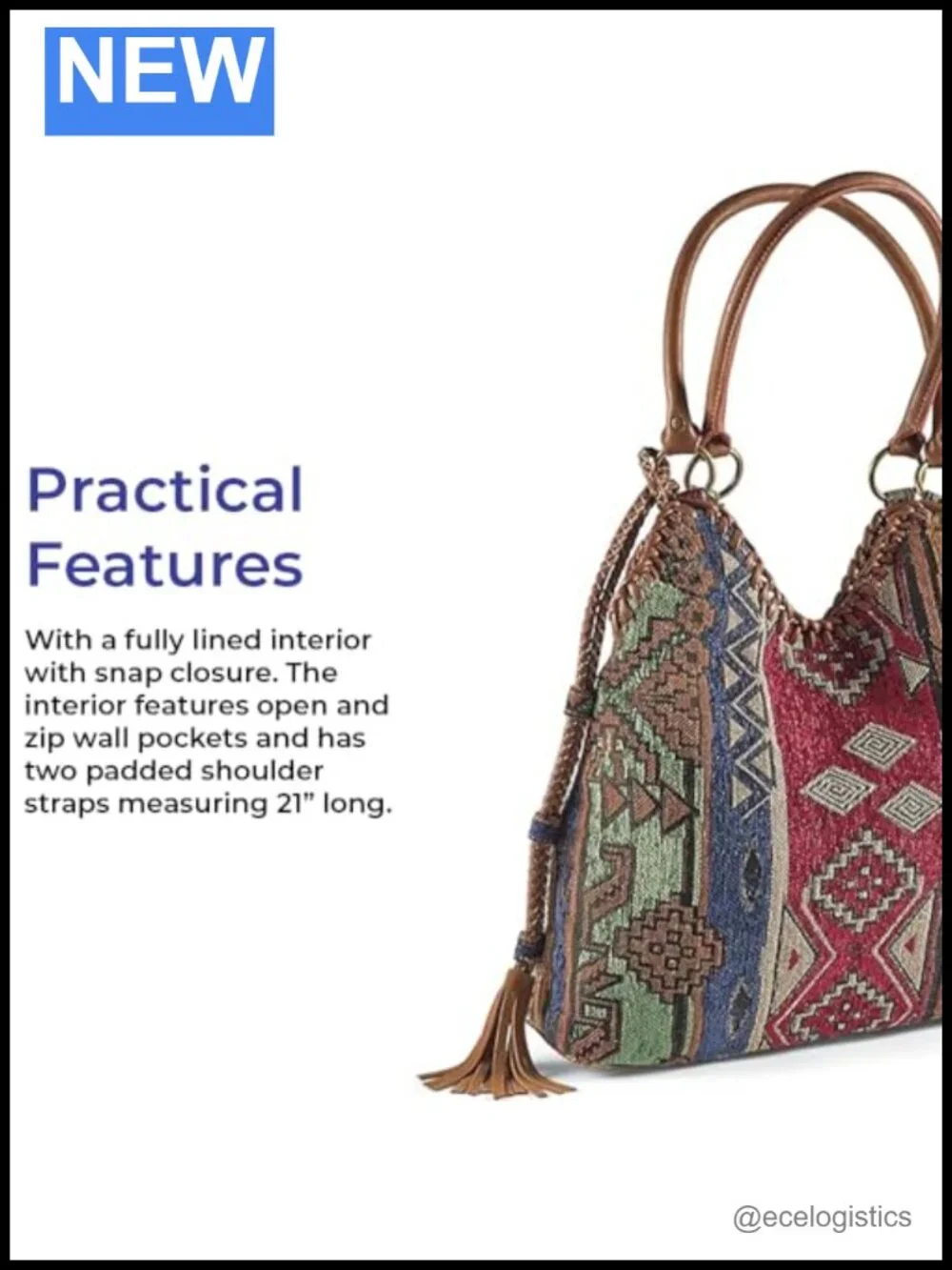 Tapestry Hobo Shoulder Bag Slouchy Purse with Faux Leather Trim and Tassels